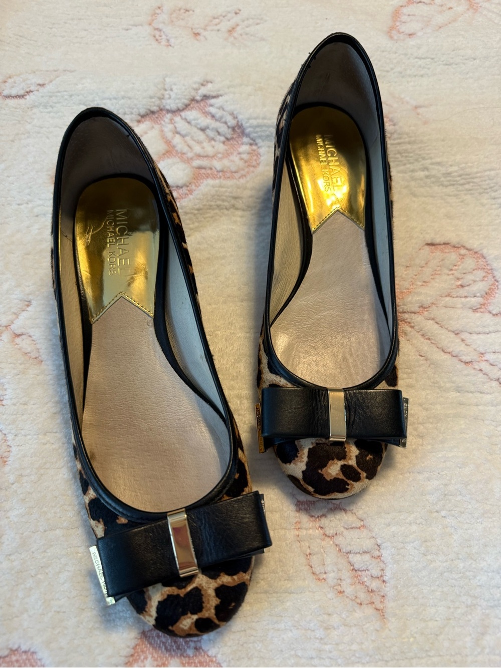 Michael Kors Leopard-Print block heel with Black Bow and Gold Accent